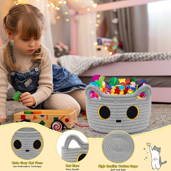Small Storage Basket, Cat Basket Woven Cotton Rope Basket - Image 3