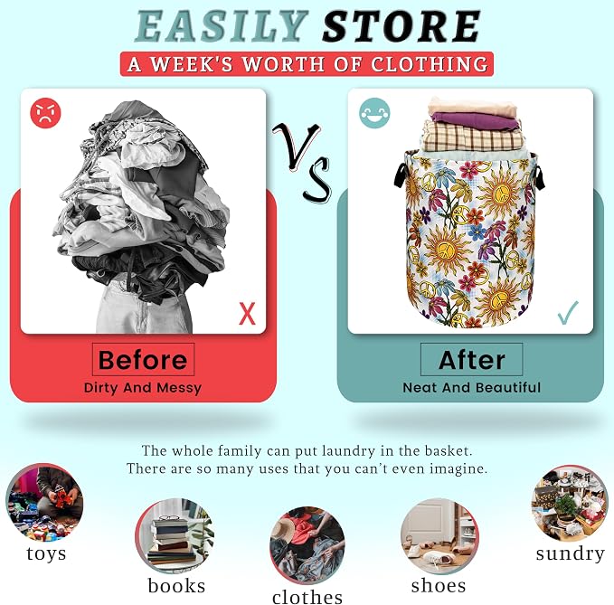 Colorful Hippie Peace Flowers Laundry Basket Foldable - Image 3