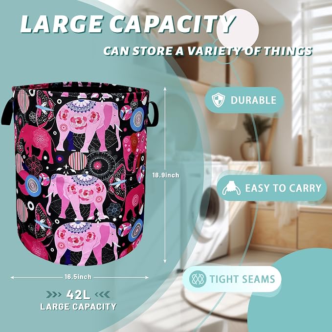 Pink Mandala Elephants Laundry Basket Foldable - Image 2