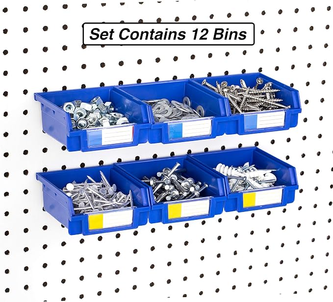 Pegboard Bins - 12 Pack Blue - Hooks to Any Peg Board - Organize Hardware - Image 3
