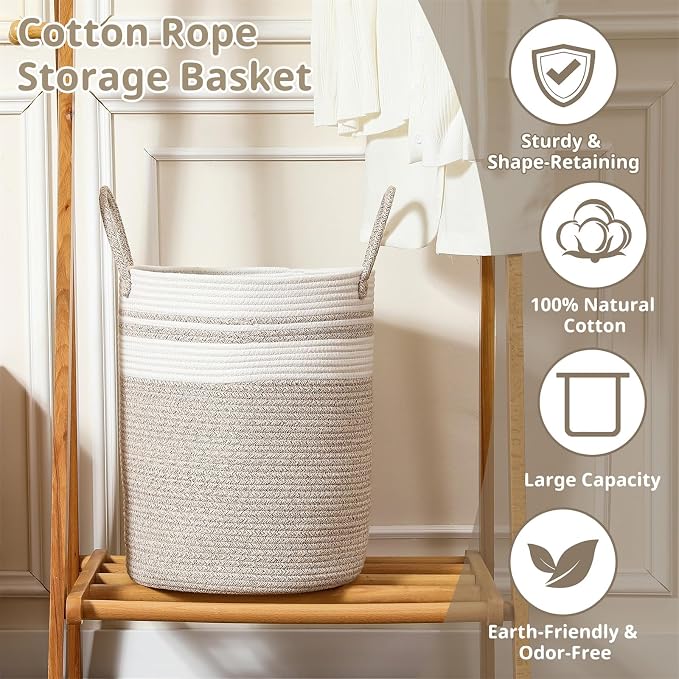40L Woven Laundry Basket Hamper, 100% Natural Cotton Rope, Handwoven & Durable - Image 3