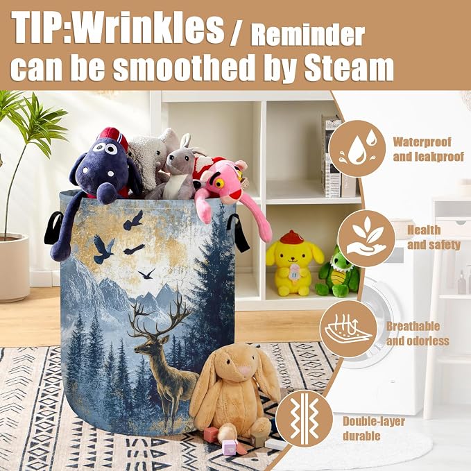 Misty Forest Deer Laundry Basket, Foldable Waterproof Laundry Hamper Tote Bag - Image 5