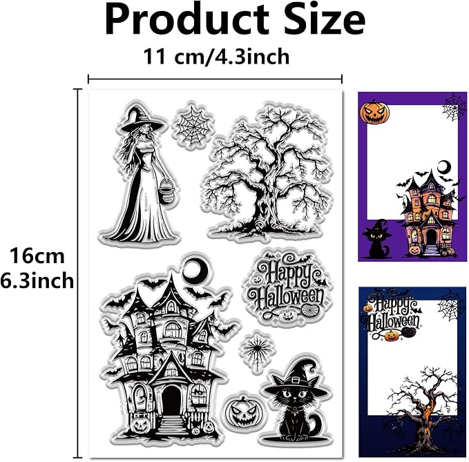CRASPIRE Witch Rubber Stamps Happy Halloween Web Bat Moon Night Castle Pumpkin - Image 2