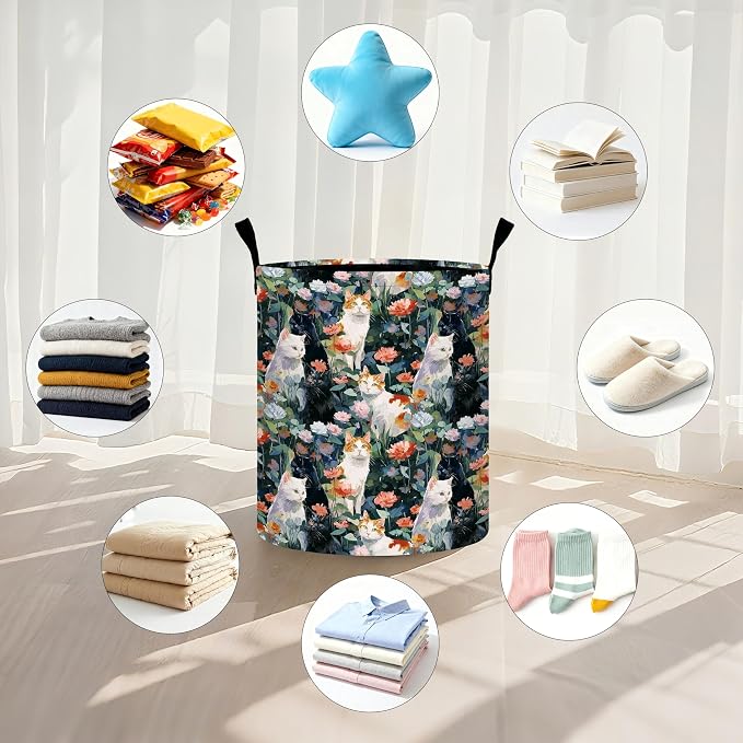 Cat Flowers Laundry Basket Storage Bin Foldable Laundry Hamper Clothes Storage - Image 6