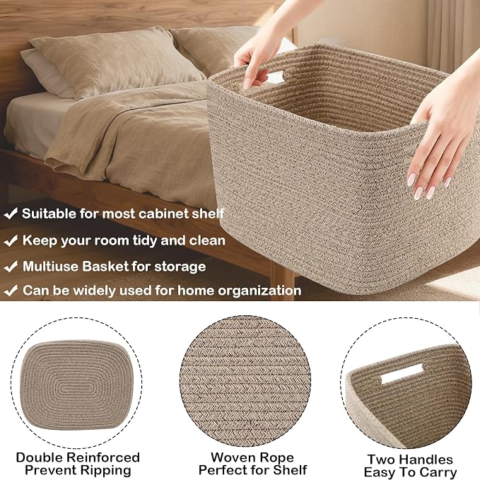 3 Pack Woven Storage Baskets for Shelves, 13.5"×11"×9.5"Organizing Bins - Image 3
