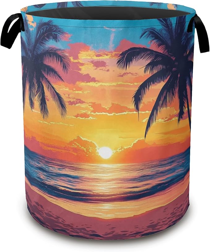 Laundry Hamper, Tropical Palm Laundry Basket, Sunset Sea Beach Waterproof by Unknown