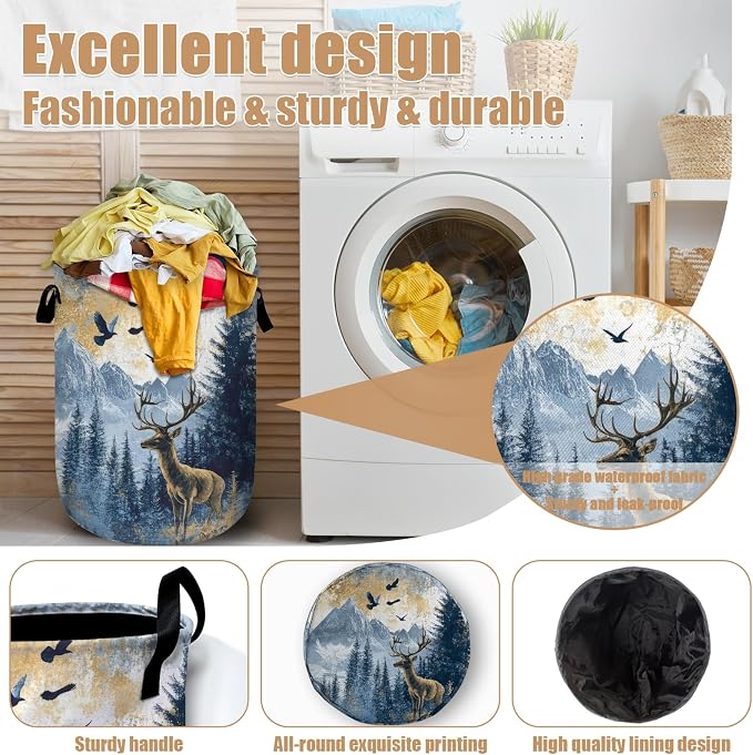 Misty Forest Deer Laundry Basket, Foldable Waterproof Laundry Hamper Tote Bag - Image 4