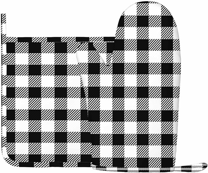 Mxocom Black Checked Pattern Oven Mitts and Pot Holders Sets Gingham Plaid - Image 2