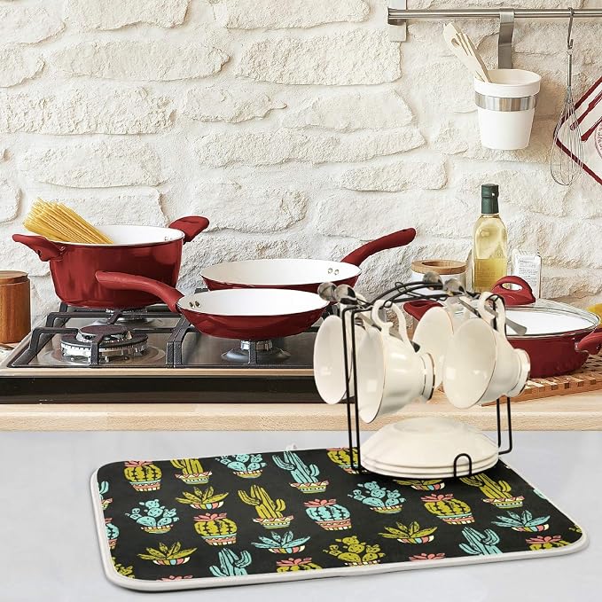 Retro Cactus Hand Drawn Pattern Absorbent Dish Drying Mat, 16 Inch x 18 Inch - Image 2