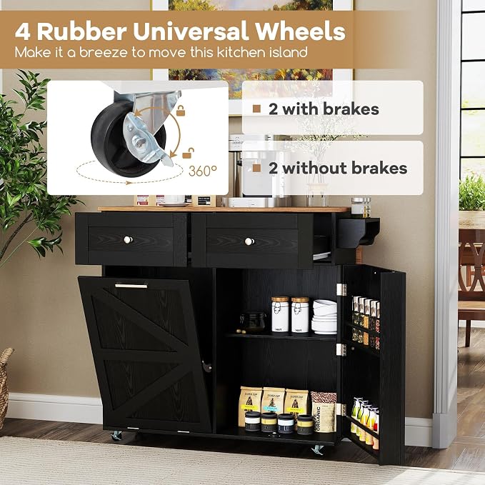 Rolling Kitchen Island with Trash Can Storage Cabinet, Drop Leaf Breakfast Bar - Image 8