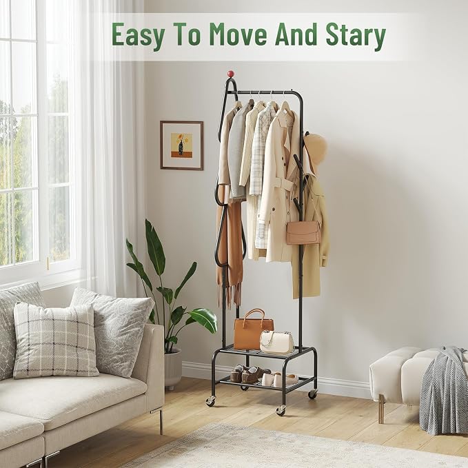 Rolling Garment Rack with Double Shelves, Coat Rack with Wheels - Image 7