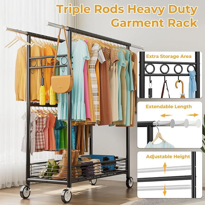 Heavy Duty Clothes Rack Load 960LBS, Three Rods Rolling Clothing Racks - Image 6