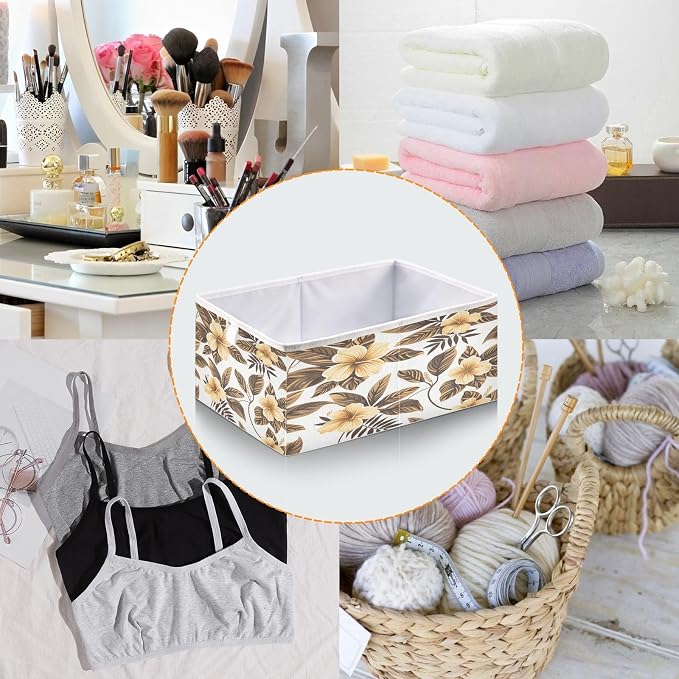 senya Large Storage Bins Gold Flower Leaves White Collapsible Foldable Storage - Image 5