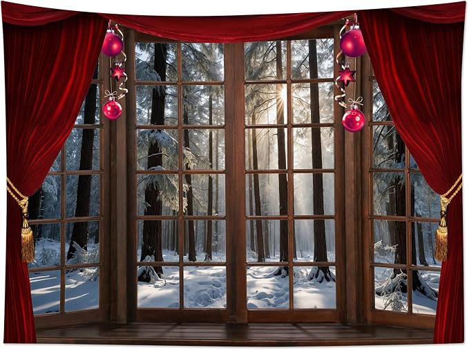 LB Christmas Winter Tapestry, Window Outside Snowy Pine Tree in Forest Wall - Image 5