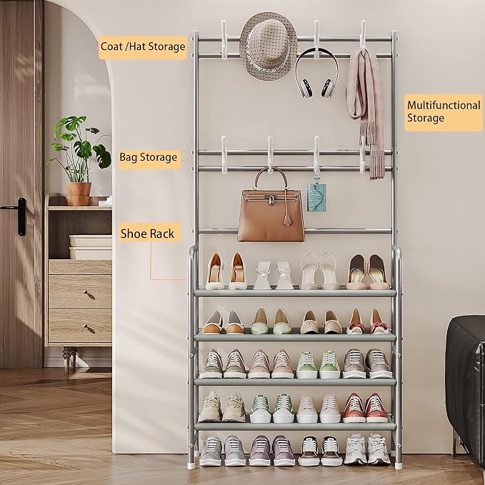 Coat Rack Shoe Rack With Storage Shelf Freestanding with 8 Hooks - Image 2