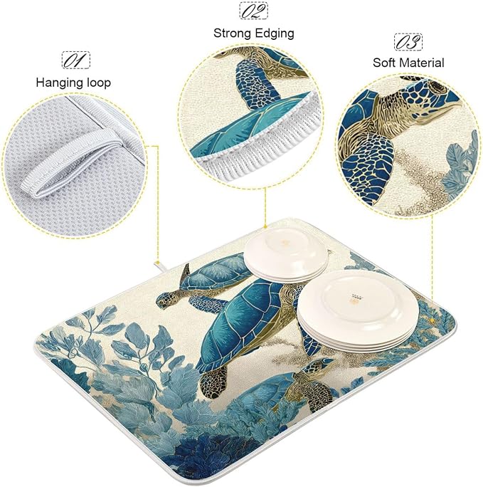 Watercolor Sea Turtle Dish Drying Mat Super Absorbent Drying Mat 16x18 inch - Image 4