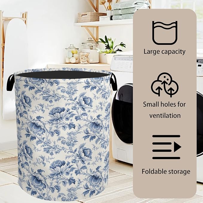 Beige Navy Blue Floral Laundry Basket - Image 7