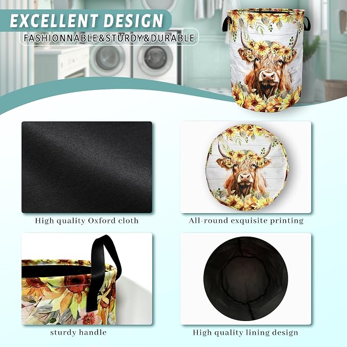 Sunflower Highland Cow Laundry Basket Foldable - Image 5