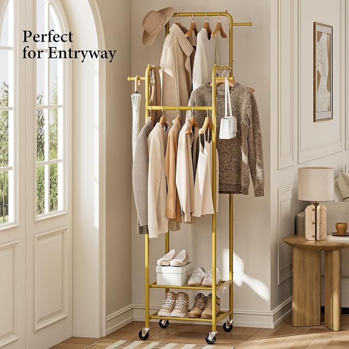 Chrislley Clothes Rack with Wheels, Small Rolling Garment Rack, 4 Hanging Rods - Image 7