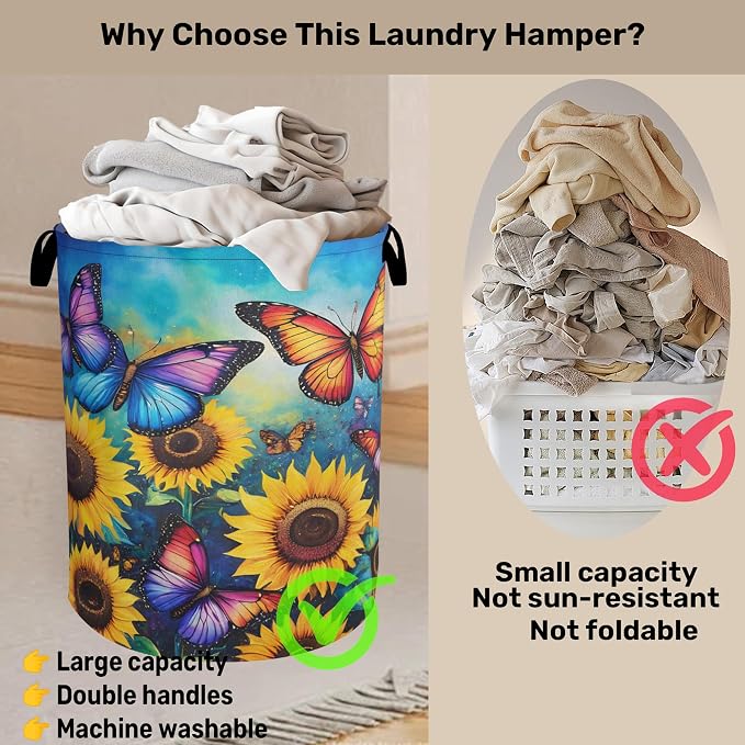Butterfly Sunflower Laundry Basket, Heavy Duty 60L Dirty Clothes Hamper - Image 3