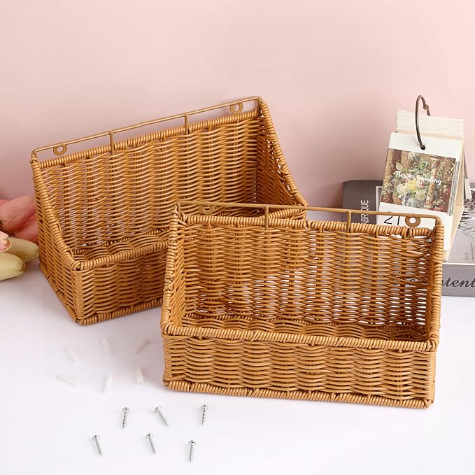 OwnMy 2PCS Plastic Wicker Hanging Basket Wall Mount Storage Baskets - Image 2