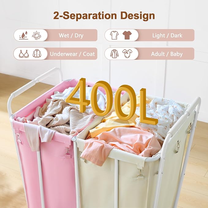 Hoctieon 2 Section Laundry Sorter Cart, 400L Rolling Hamper - Image 3