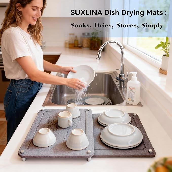 Nested Dish Drying Stone Mat | 2 Pcs Diatomaceous Earth Stone Drying Mats - Image 2