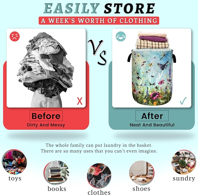 Colorful Flowers Laundry Basket Foldable Oxford Cloth Colorful Dargonfly - Image 3