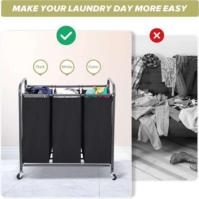 Laundry Sorter Hamper with Wheels, Heavy-Duty Laundry Sorter Rolling Cart - Image 4