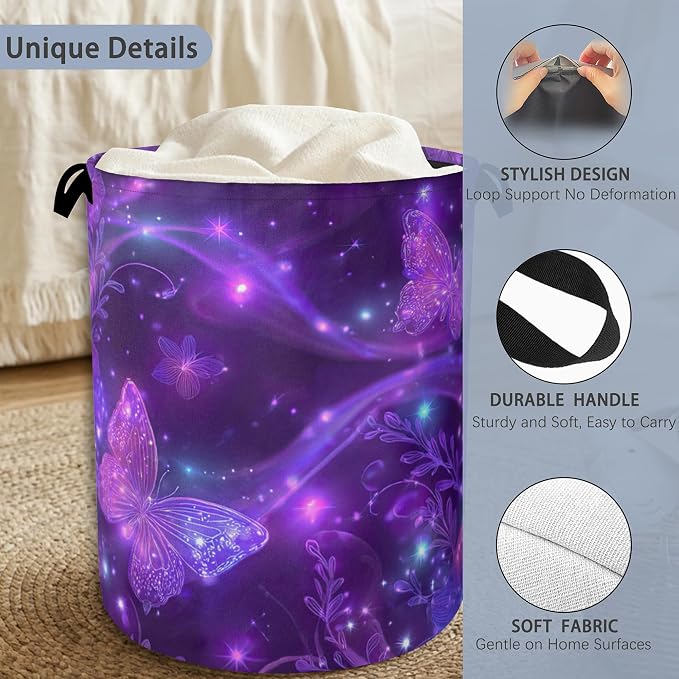 Purple Butterfly Laundry Hamper, Sparkling Dirty Clothes Laundry Basket - Image 3