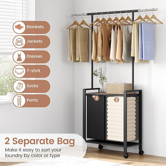 Laundry Sorter Cart With Hanging Clothes Rack, Removable Drying Rack, Laundry - Image 3