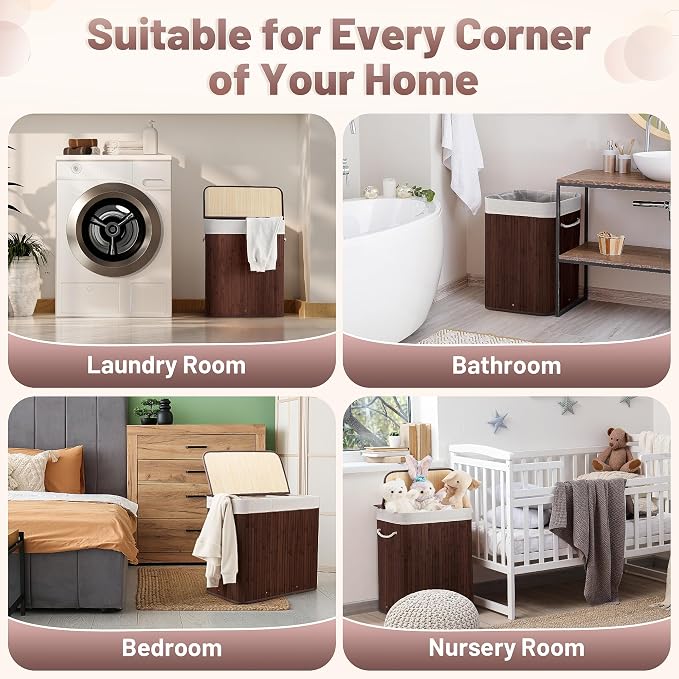 150L Laundry Hamper with lid, 3-Section Clothes Laundry Basket with Handles - Image 4