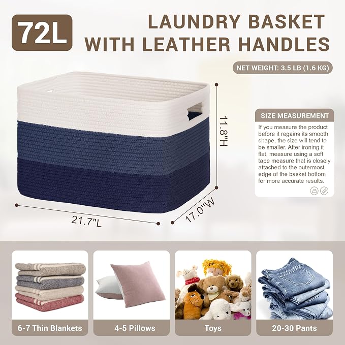 72L Large Laundry Basket with Leather Handles - Image 2