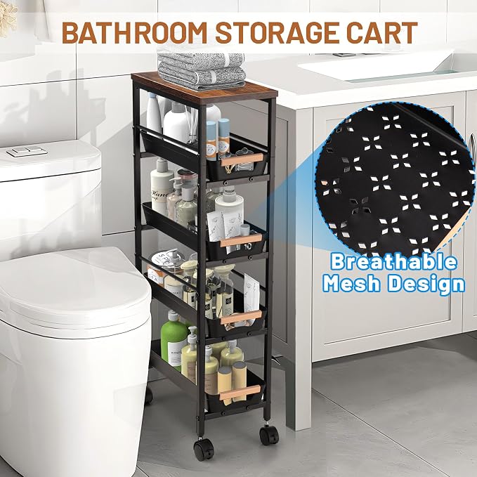 Slim Storage Cart, 5-Tier Narrow Rolling Kitchen Laundry Room Cart - Image 6