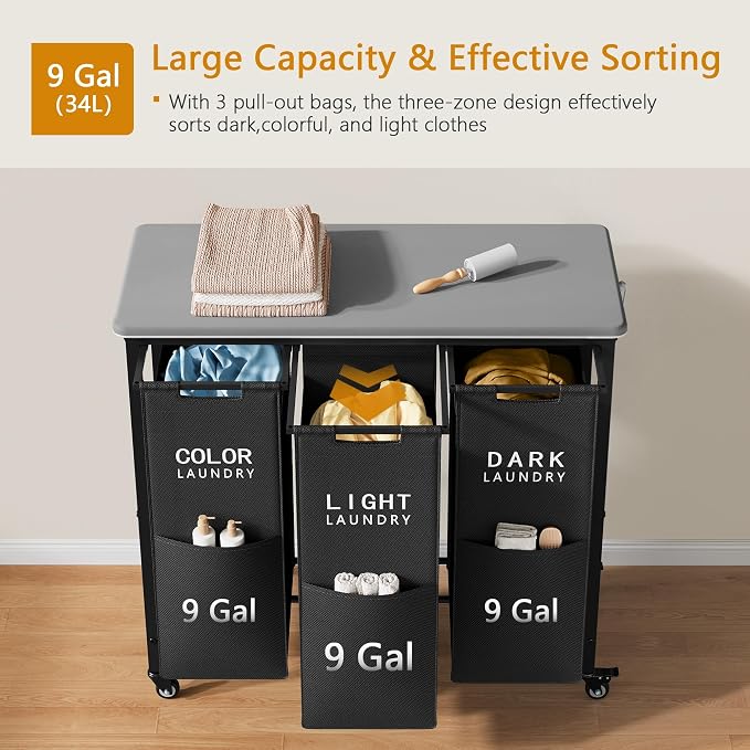 3 Section Laundry Sorter with Ironing Board, Laundry Hamper with Removable Bags - Image 5
