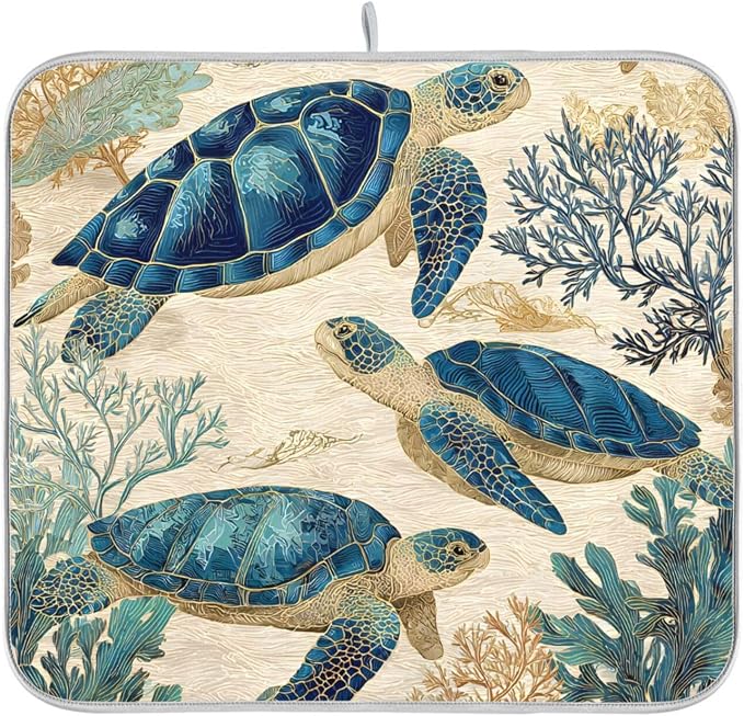 Watercolor Sea Turtle Swimming Pattern Dish Drying Mat Super Absorbent Drying - Image 8