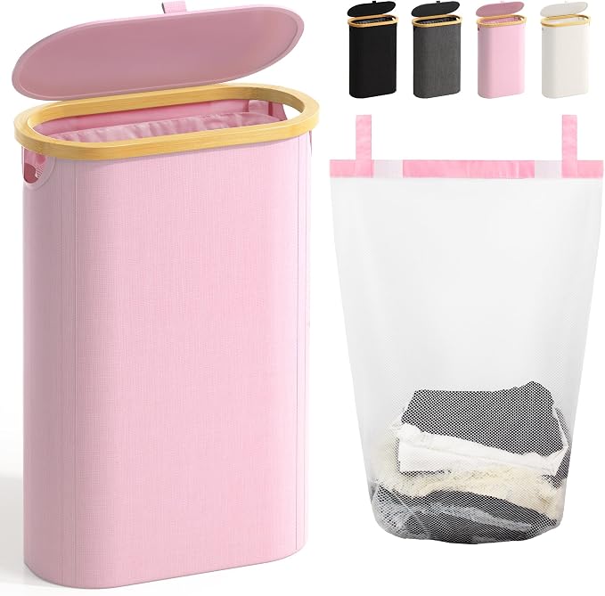 Slim Laundry Hamper with Lid, 60L Small Laundry Basket with Handles&Removable by Bathola