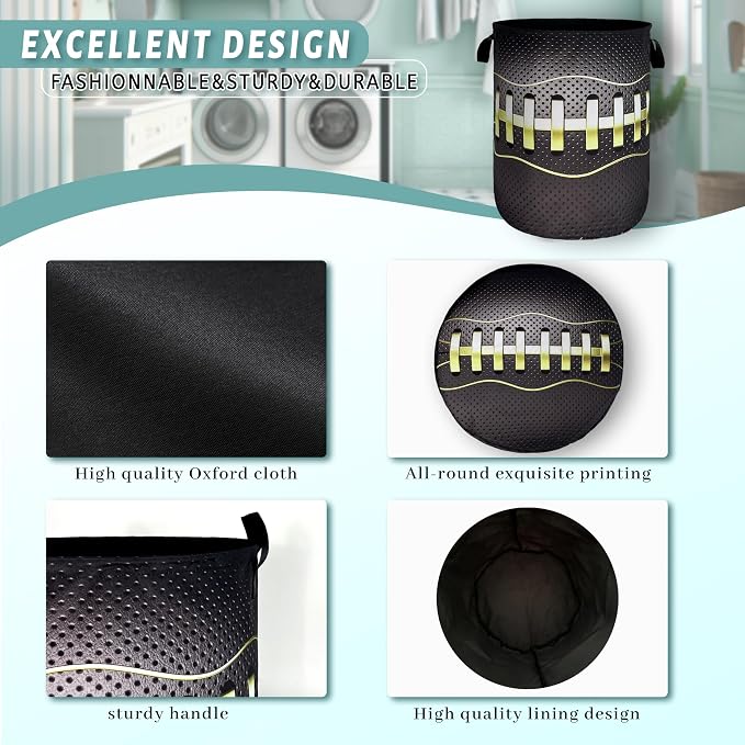 Grey Golden Baseball Texture Laundry Basket Sport Funny Laundry Hamper Foldable - Image 4