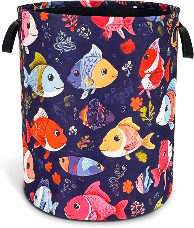 Fish Laundry Basket Funny Cartoon Foldable Oxford Cloth Tote Bag Laundry Hamper by NUTAINLA