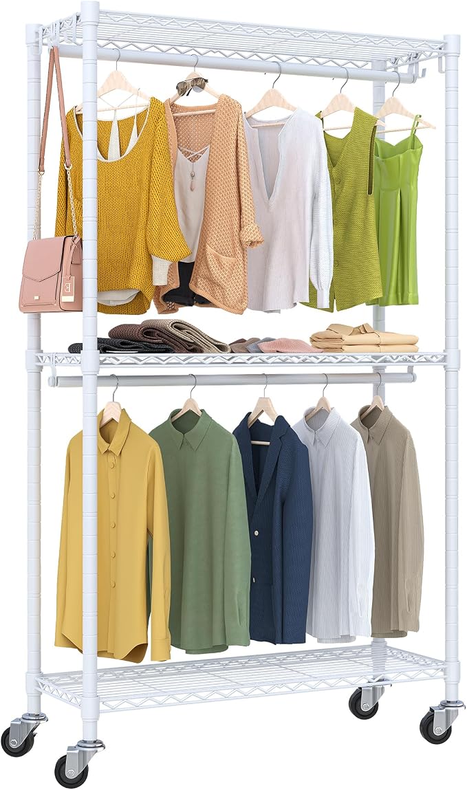 Rolling Clothing Rack for Hanging Clothes H2 Heavy Duty Garment Rack by Higeego