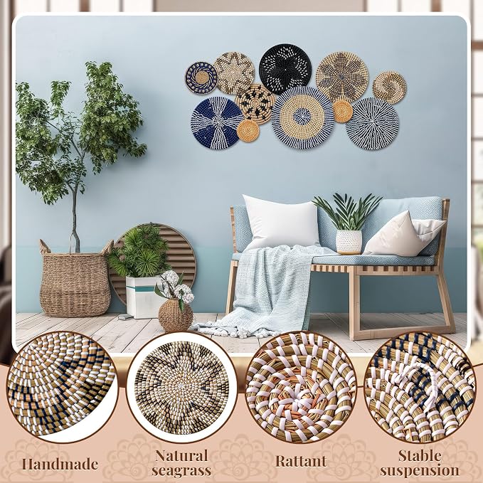 Tatuo 11 Pcs Boho Wall Basket Decor Decorative Bulrush Woven Basket Wall Decor - Image 4