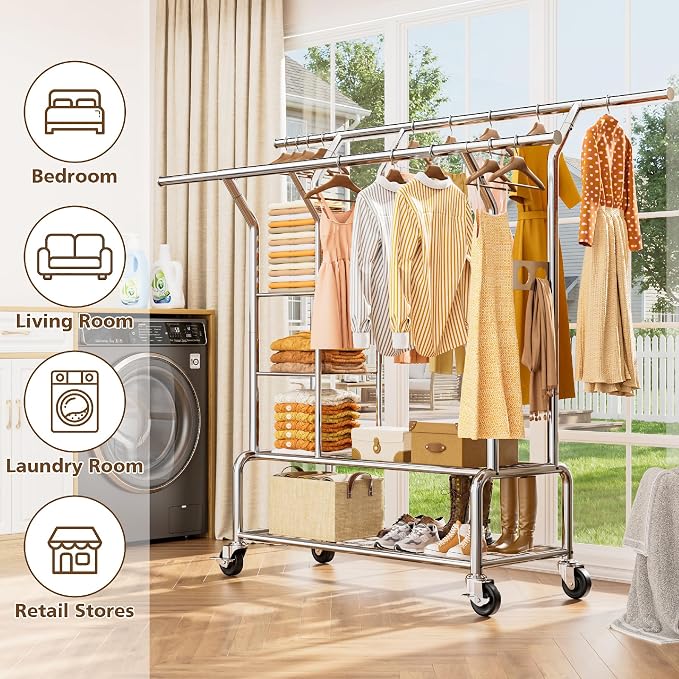 Clothes Rack With Storage Shelf, Heavy Duty Rolling Clothing Rack - Image 7
