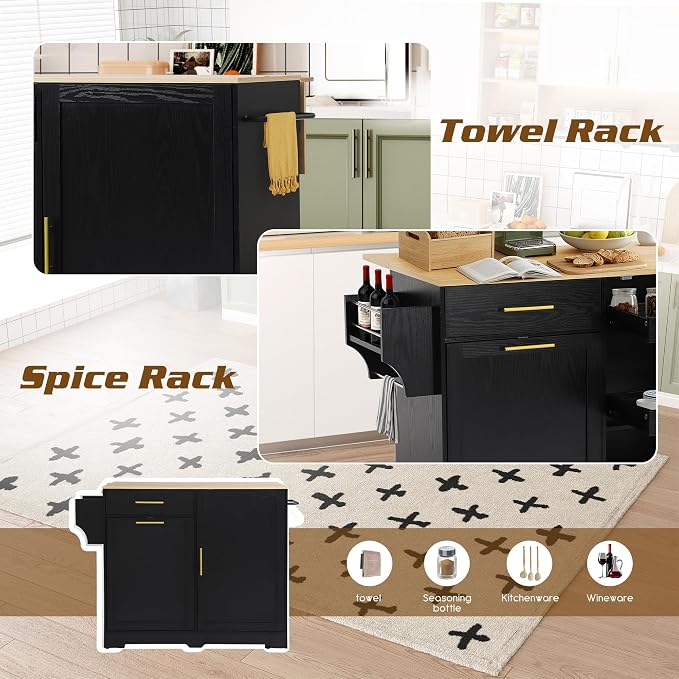 48" Kitchen Island with Trash Can Storage & Drop Leaf, Rolling Kitchen Island - Image 4
