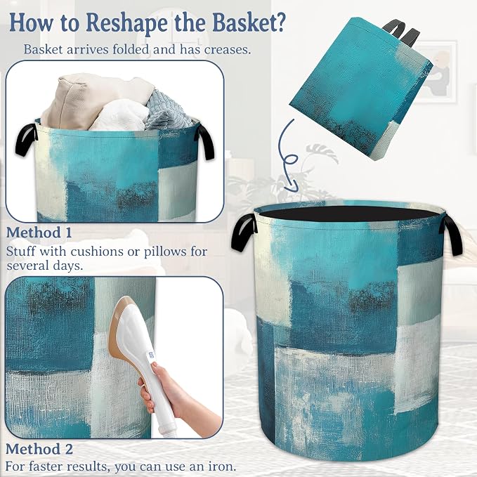 Turquoise Grey Abstract Art Painting Laundry Basket, Foldable Oxford Cloth - Image 6