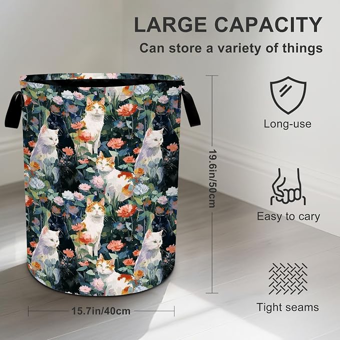 Cat Flowers Laundry Basket Storage Bin Foldable Laundry Hamper Clothes Storage - Image 3