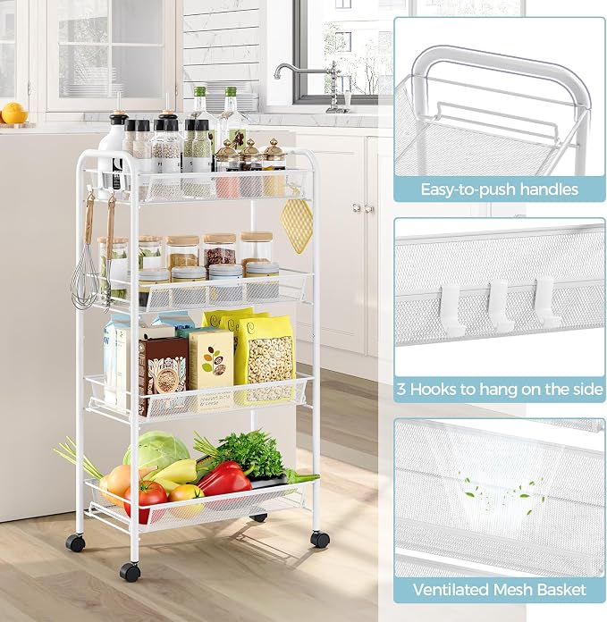 4-Tier Metal Utility Cart, Mesh Wire Rolling Cart on Wheel, Storage Trolley - Image 3