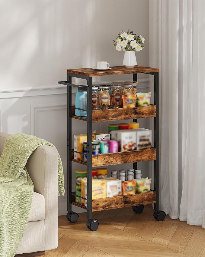 4-Tier Slim Storage Cart, 9.1'' Kitchen Serving Trolley, Slim Rolling Cart - Image 3
