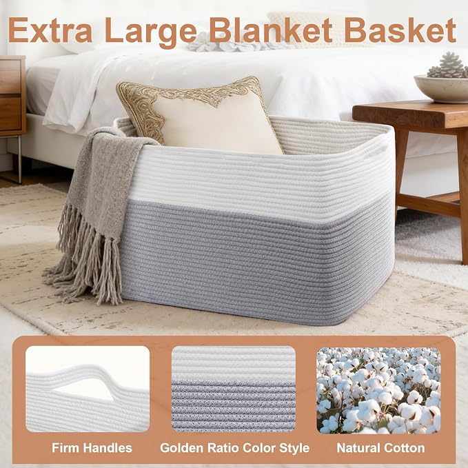 105L XXXL Large Blanket Basket, Rectangular Cotton Rope Basket, Laundry Hamper - Image 3