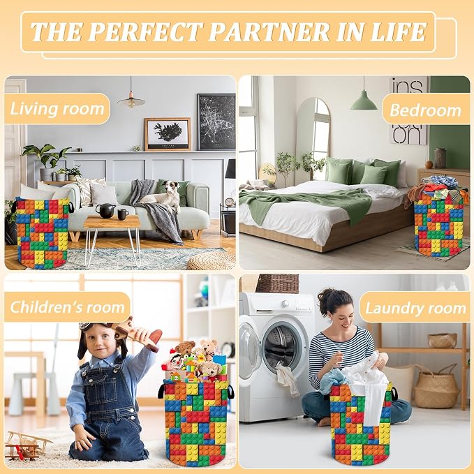 Colorful Building Blocks Laundry Basket, Bricks Laundry Hamper, Oxford - Image 7