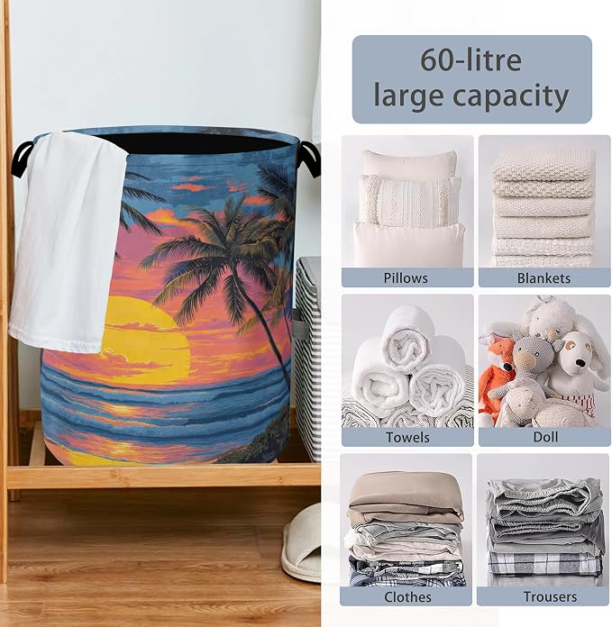Tropical Palm Tree Laundry Basket, Sunset Beach Oxford Cloth Laundry Hamper - Image 6